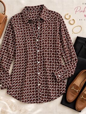 Preston & York Geometric Print Button Down Blouse Medium
